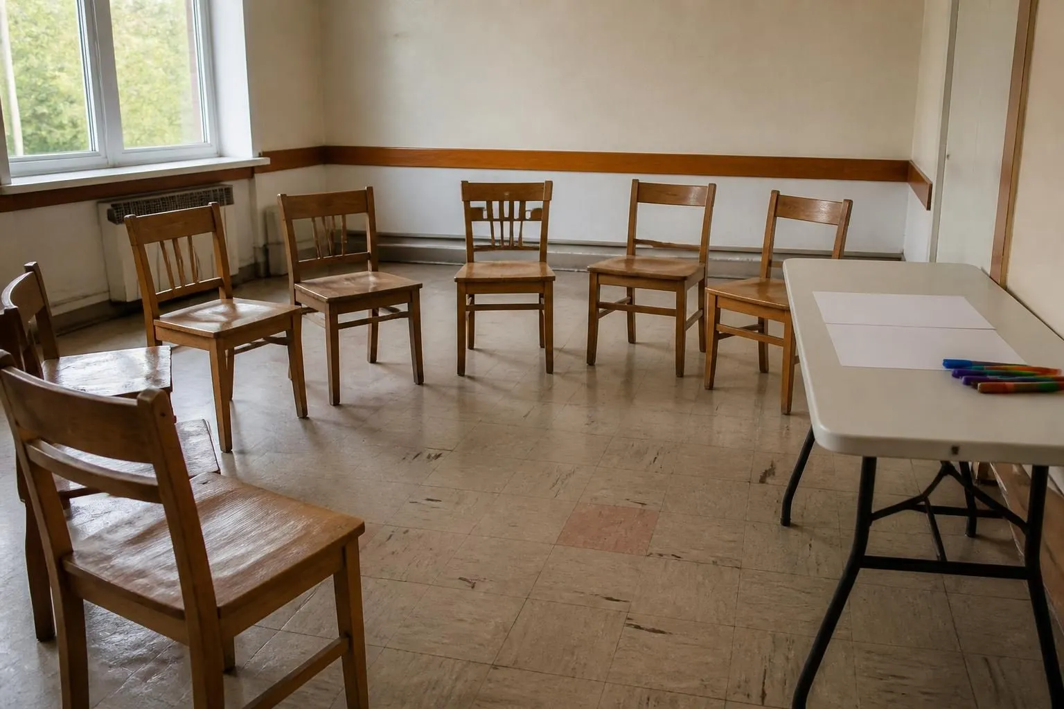 Leerer Halbkreis aus Holzstühlen in einem schlichten Raum, daneben ein Klapptisch mit leerem Papier und Filzstiften