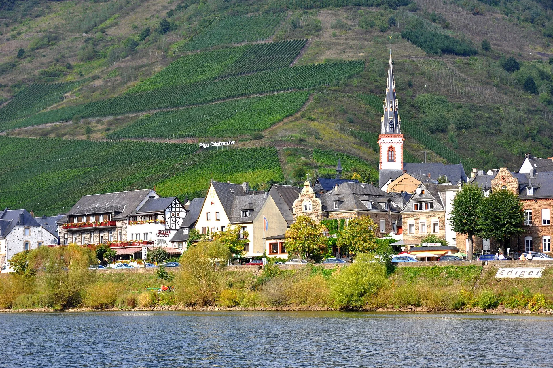 Blick über die Mosel auf Ediger mit dem gotischen Kirchturm von St. Martin und den Weinbergen des Osterlämmchens