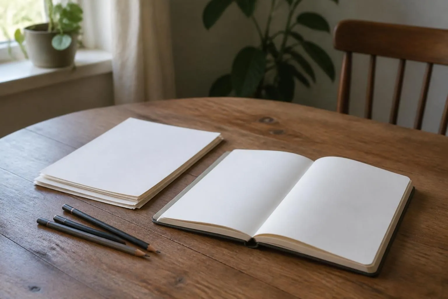 Leere Blätter, Bleistifte und ein aufgeschlagenes leeres Notizbuch auf einem runden Holztisch