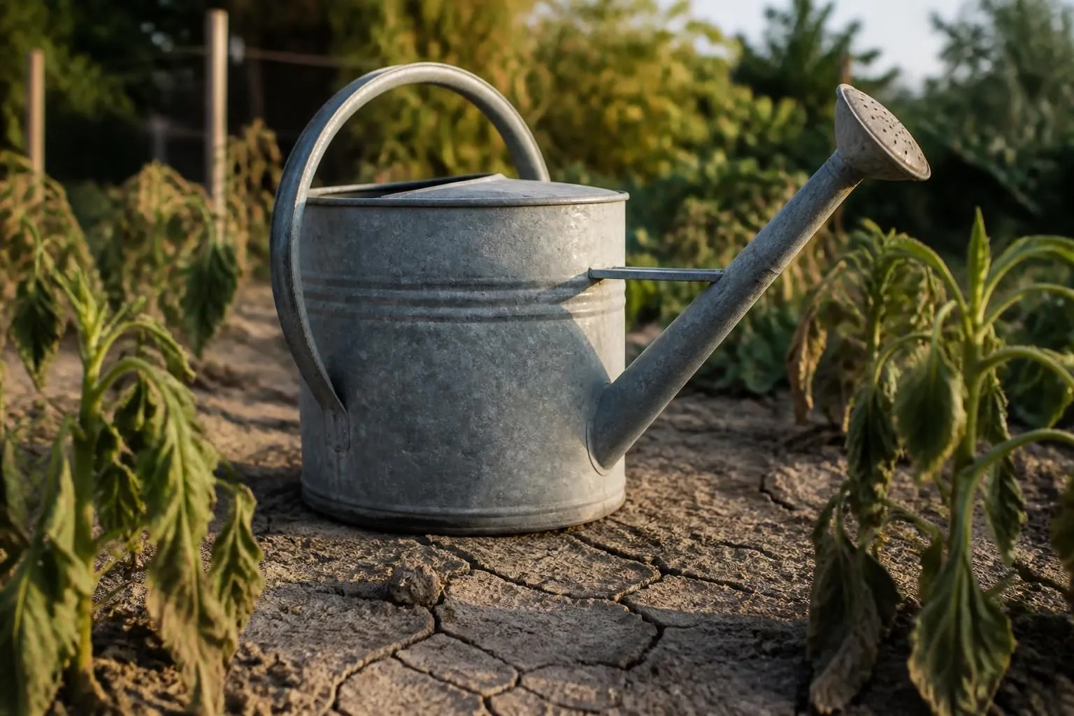 Verzinkte Gießkanne auf ausgetrocknetem, rissigem Gartenboden zwischen welkenden Pflanzen im Abendlicht