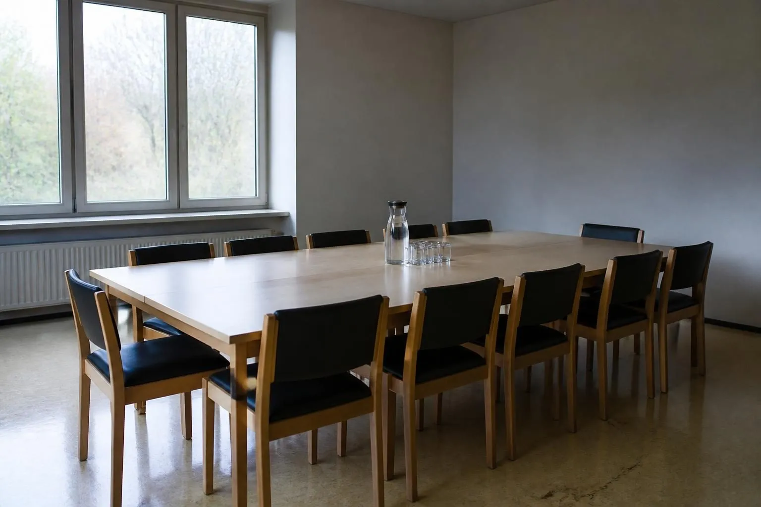 Leerer Besprechungsraum mit hellem Holztisch, schwarz gepolsterten Stühlen, Wasserkaraffe und Gläsern, daneben ein Fenster
