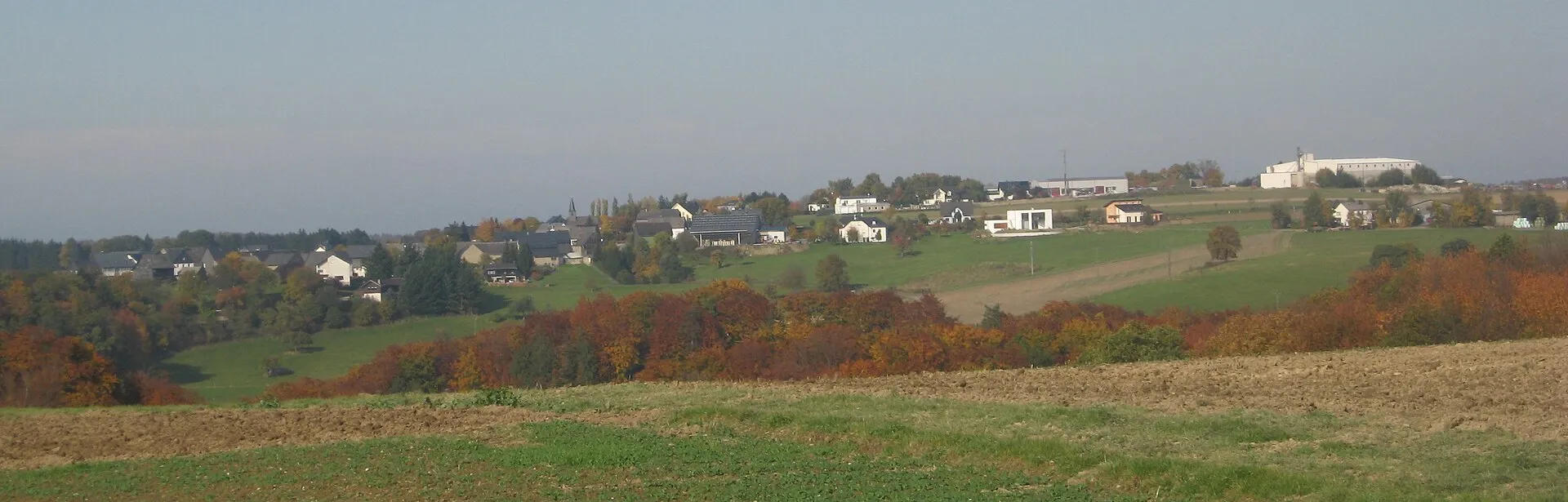 Blick über Felder und herbstlich gefärbte Hecken auf die Häuser von Panzweiler auf der Hunsrückhöhe