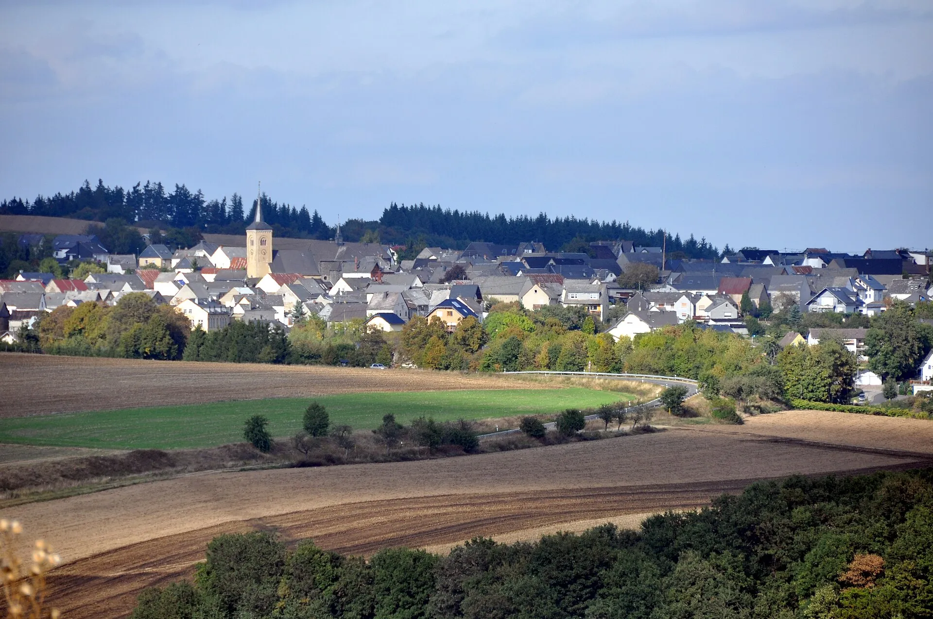 Blick über abgeerntete Felder auf das Eifeldorf Düngenheim mit dem Turm der Pfarrkirche St. Simeon