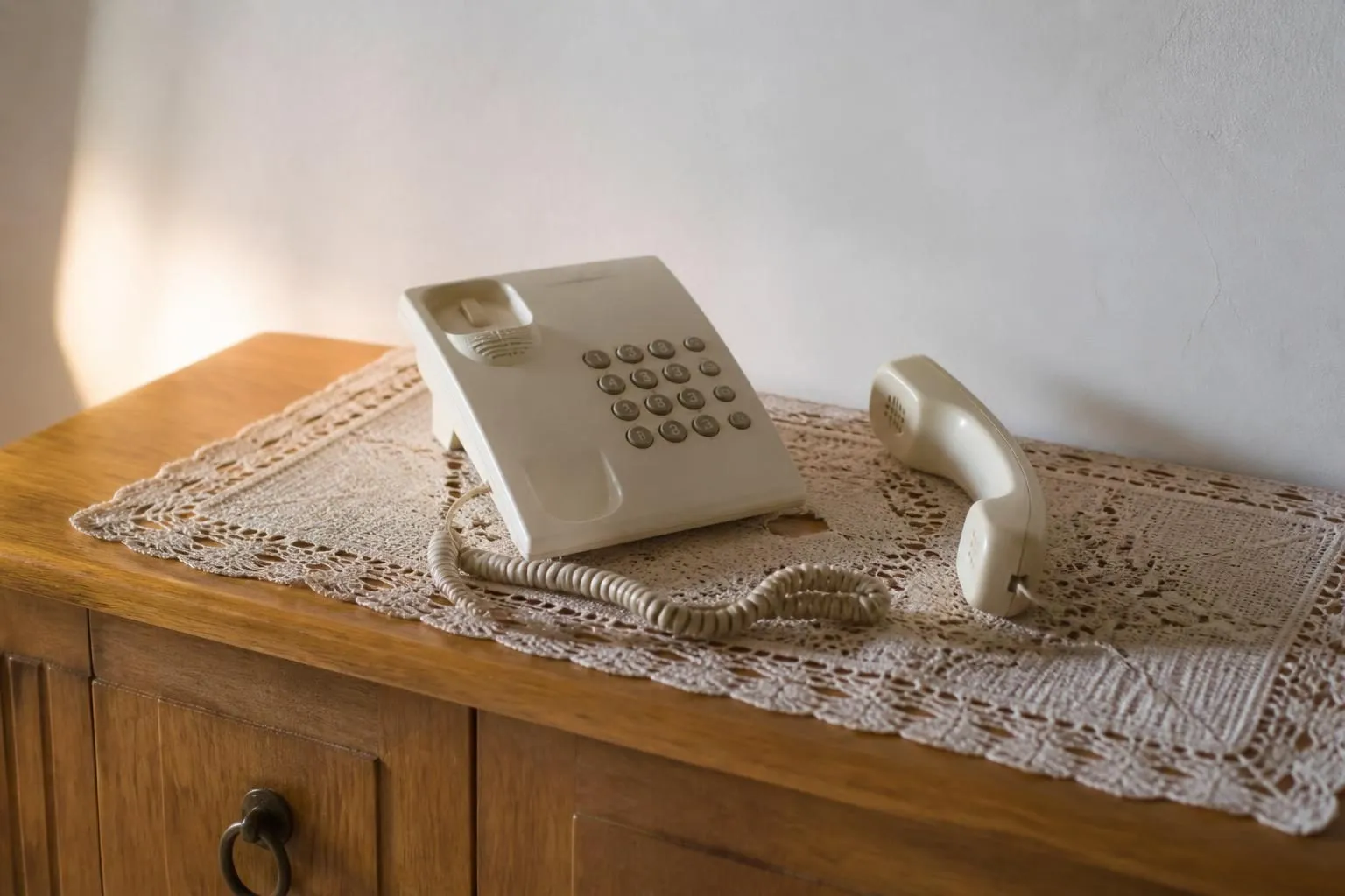 Weißes Schnurtelefon auf einer Häkeldecke auf einer Holzkommode, der Hörer liegt neben dem Apparat