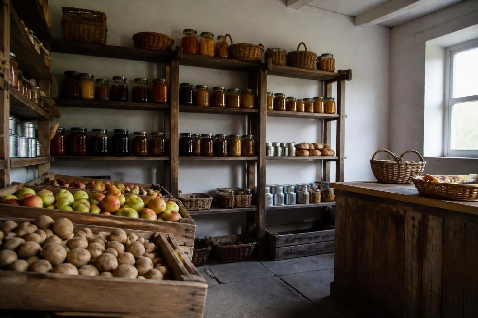 Holzregale mit Einmachgläsern, Konserven und Brotkörben in einem kleinen Lebensmittelladen, davor Obst- und Kartoffelkisten