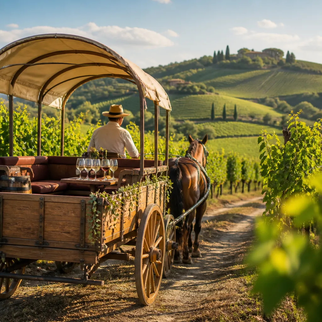 Planwagen fährt gemächlich durch sonnige Weinberge der Pfalz entlang der Deutschen Weinstraße