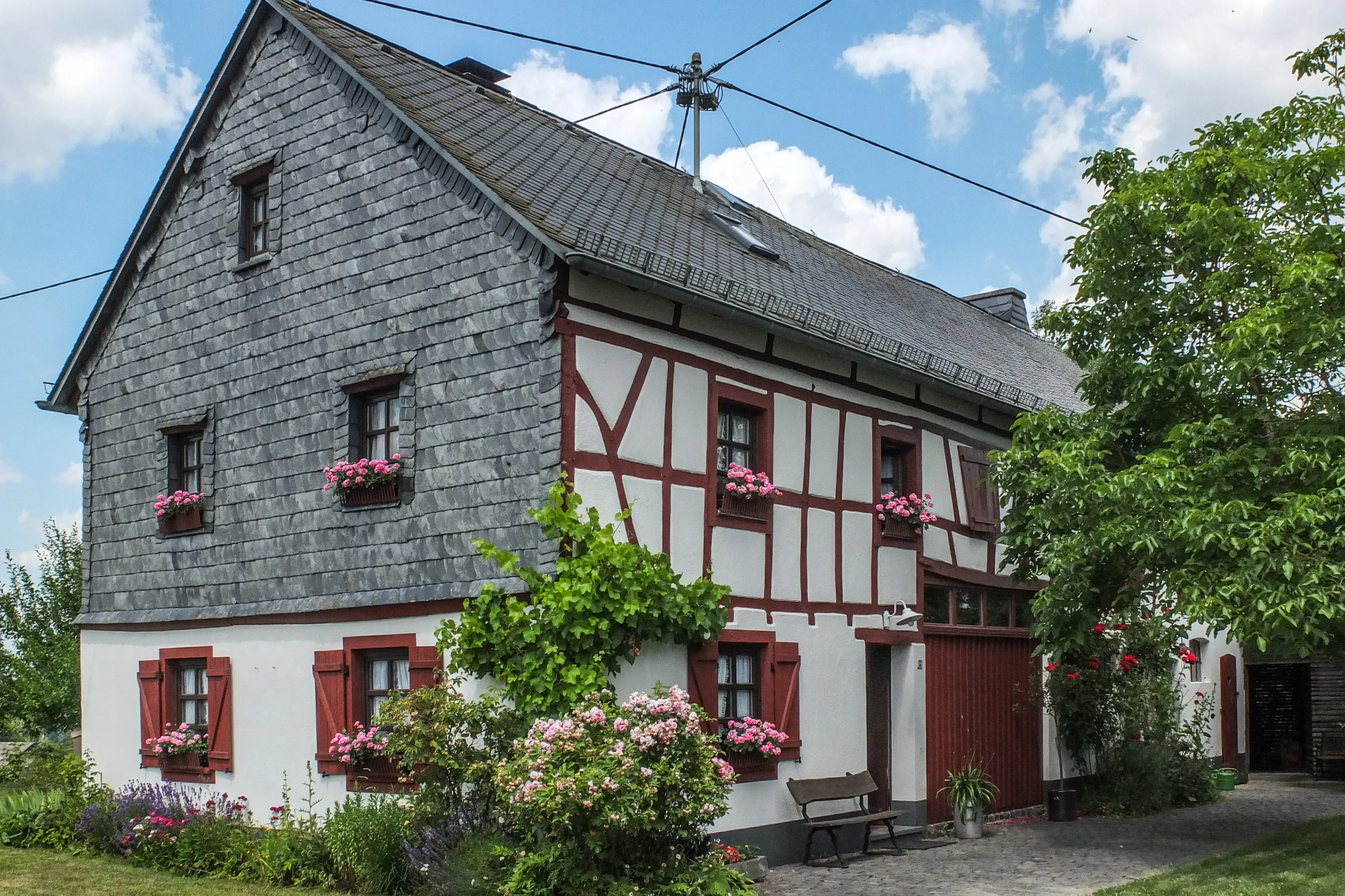 Verschiefertes Quereinhaus mit rotem Fachwerk, Geranien in den Fensterkästen und einer Bank vor der Tür