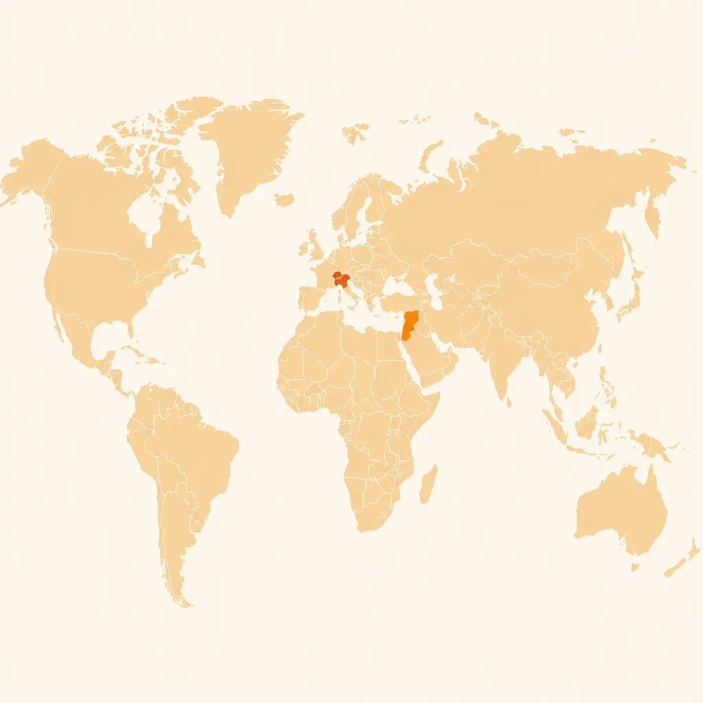 Illustrierte Weltkarte mit hervorgehobenen Ländern in Arabien und Mitteleuropa als Symbol fuer Laender mit O