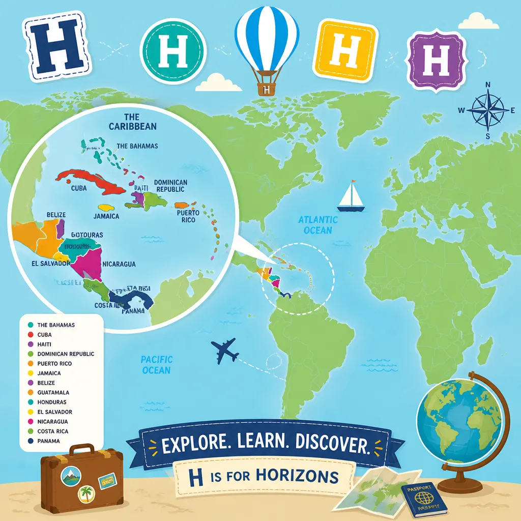 Weltkarte mit hervorgehobenen Ländern Haiti und Honduras sowie dem Buchstaben H