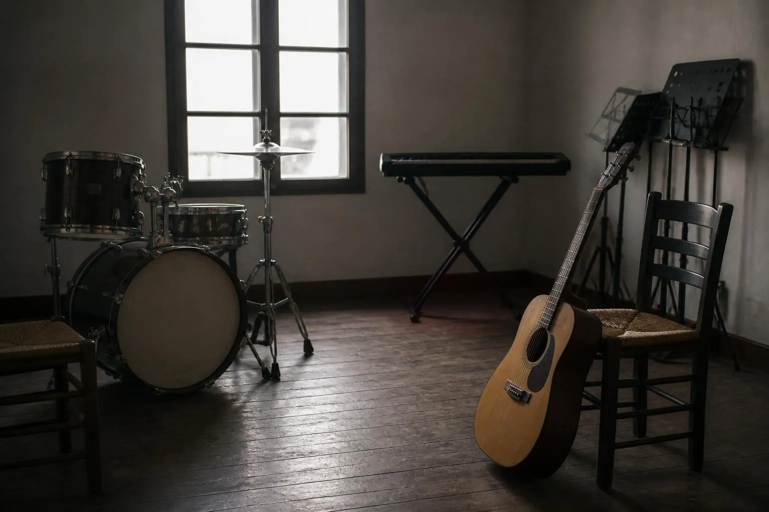 Gitarre, Schlagzeug, Keyboard und Notenständer in einem leeren Proberaum mit Holzboden